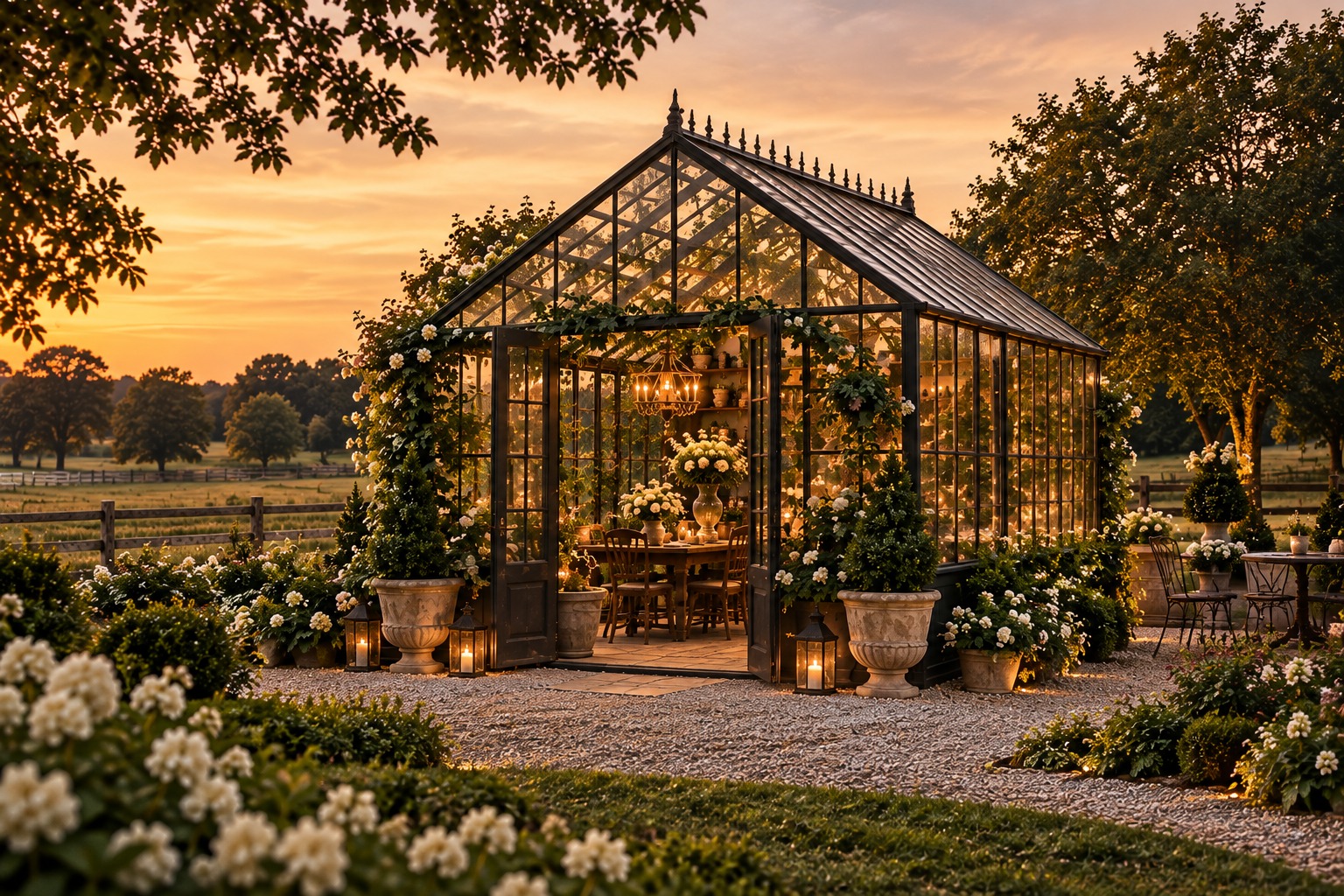 Greenhouse design concept: a black-framed glass conservatory in a garden at golden hour